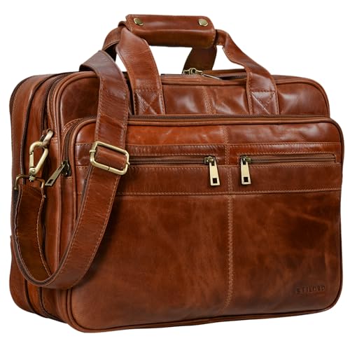 STILORD 'Alexander' Lehrertasche Herren Leder Vintage Aktentasche Laptoptasche Bürotasche Businesstasche groß XXL Umhängetasche mit Dreifachtrenner, Farbe:cognac - glänzend von STILORD