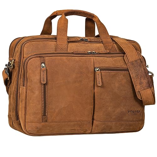 STILORD 'Arnold' Geräumige Laptoptasche Leder 17.3 Zoll bis 19 Zoll Vintage Aktentasche Lehrertasche XXL Echtleder Große Arbeitstasche für Damen und Herren, Farbe:tan - dunkelbraun von STILORD