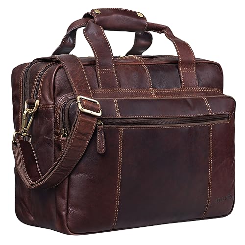 STILORD 'Experience' Vintage Lehrertasche Leder groß für Herren Damen XL Aktentasche Business Schulter- oder Umhängetasche für Laptop Trolley aufsteckbar, Farbe:Cognac - Dunkelbraun von STILORD