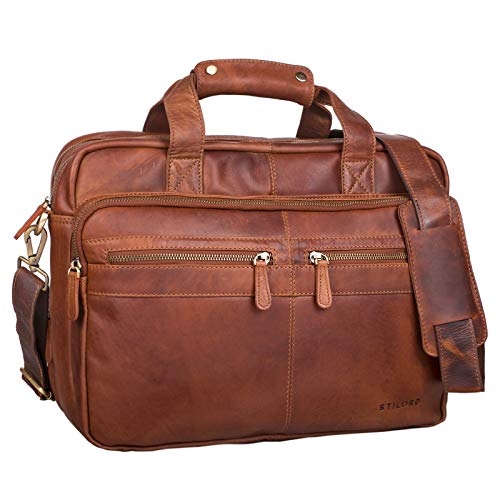 STILORD 'Explorer' Lehrertasche Leder Herren Damen Aktentasche Büro Schulter- oder Umhängetasche für Laptop mit Dreifachtrenner Echt Leder Vintage, Farbe:Cognac - braun von STILORD