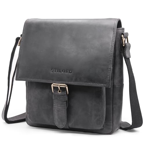 STILORD 'Nevio' Herrentasche Leder Umhängetasche kleine Messenger Bag elegante Handtasche im Vintage Design Schultertasche für 10.1 Zoll Tablet iPad echtes Leder, Farbe:carbon - grau von STILORD