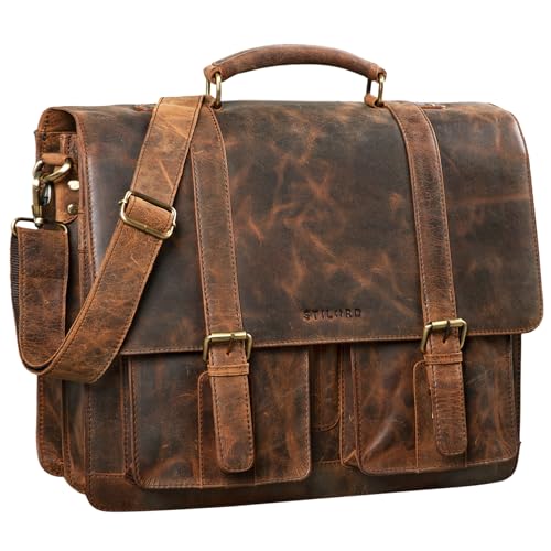 STILORD 'Quintus' Vintage Aktentasche Leder XL für Herren Klassische Aktentasche mit Laptopfach Bürotasche Umhängetasche für Lehrer echtes Rindsleder, Farbe:sepia - braun von STILORD