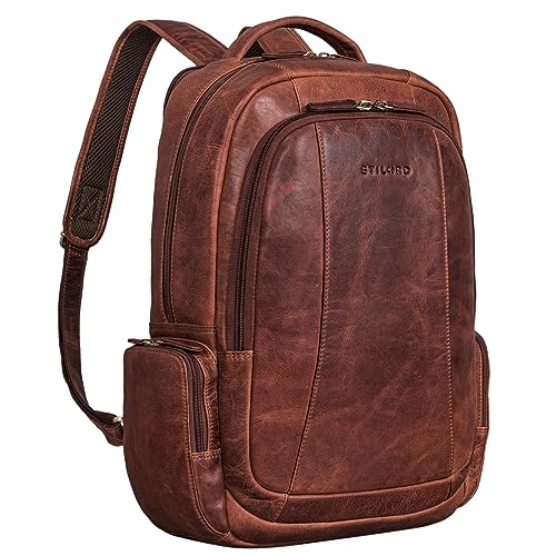 STILORD 'Waldo' Leder-Rucksack mit vielen Fächern und Laptopfach 17,3 Zoll Damen und Herren Cognac Echtleder ideal für Reisen Arbeit Business und als Tagesrucksack von STILORD