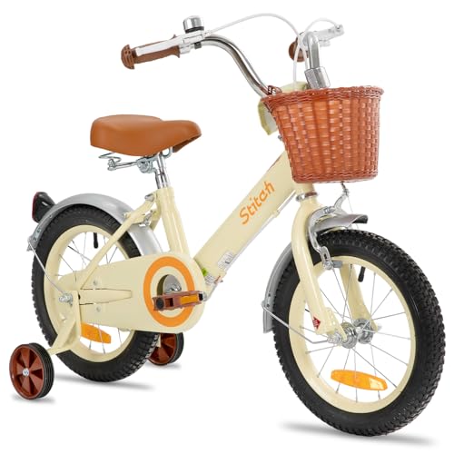 STITCH 14 Zoll Kinderfahrrad für 3 4 5 Jahre Mädchen, Kinderfahrrad mit Vorderkorb & Stützrädern für 3-5 Jahre Kinder,Beige von STITCH