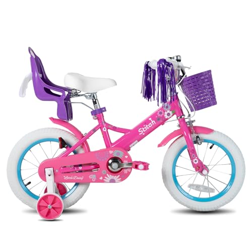 STITCH Little Daisy 14 Zoll Kinderfahrrad für 3-5 Jahre Kinderfahrrad, Fahrrad für Mädchen mit Stützrädern mit Korb & Luftschlangen, Lila von STITCH