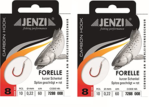 Spar-Set: 2 Packungen JENZI gebundene Forellenhaken (20 Stück) r Mono, 60cm Hakengröße 4, 6, 8, 10 & 12 je nach Auswahl + gratis Petri Heill! Aufkleber (Hakengröße 8) von STMK