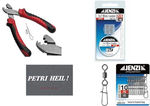 Vorfach Set 1 x Stahlvorfach 15kg, 10m ummantelt, 20 Quetschhülsen, 10 Karabiner mit Wirbel- Klemmhülsenzange & gratis Petri Heil! Aufkleber von STMK