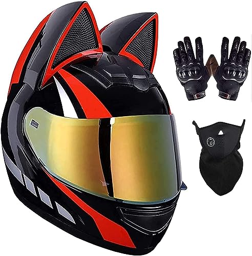 Integraler Motorradhelm, Modularer Integralhelm Mit Katzenohren, Fledermausohren, Motorradhelm Mit Schwarzem Visier Für Damen, Retro-Stil, ECE-Zertifizierung 20,XL 60-62 cm von STRTG