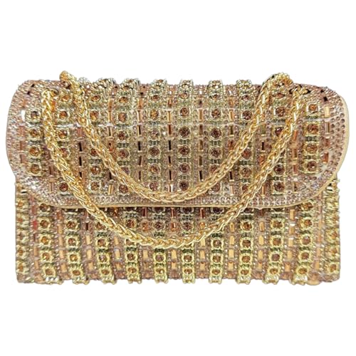 Damen-Abendtasche mit Strassverzierung, Ketten-Clutch, Elegante Umhängetasche mit Strasssteinen (One Size,Gold) von STTBRHF