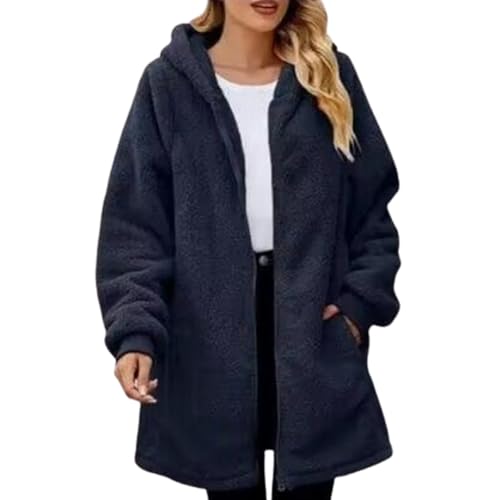 Damen-Fleecejacke mit Reißverschluss und Taschen, übergroße, Lange Sherpa-Kapuzenjacke, Flauschige Jacke mit Reißverschluss und Kapuze (X-Large,Blue) von STTBRHF