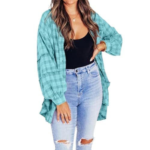 Damen-Hemdjacke mit verwaschenen Nähten und Taschen, Boyfriend-Button-Down-Jacke mit Tartanmuster, lang (XX-Large,Green) von STTBRHF