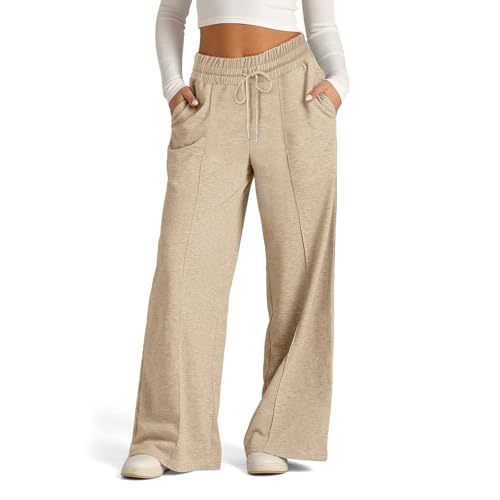 Damen-Jogginghose mit weitem Bein, Damen-Sporthose mit Kordelzug in der Taille, lockere Jogginghose mit Taschen (X-Large,Khaki) von STTBRHF