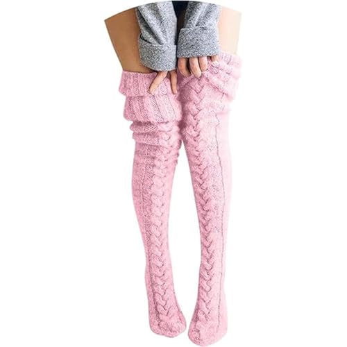 Damenstrümpfe mit Zopfmuster, Dicke, Trendige, weiche Thermostrümpfe für den Winter, Lange Overknee-Strümpfe (One Size,Pink) von STTBRHF