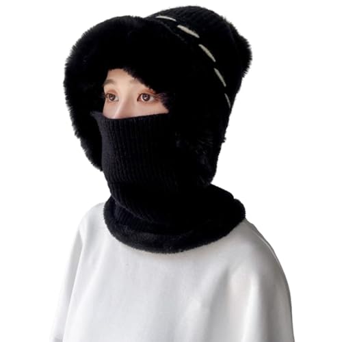 Einteilige Thermo-Strickmützen, Vollgesichtsmaske, Schal, warme Wintermützen mit Kapuze, geflochtenes einteiliges Set aus Mütze und Schal (Black,One Size) von STTBRHF