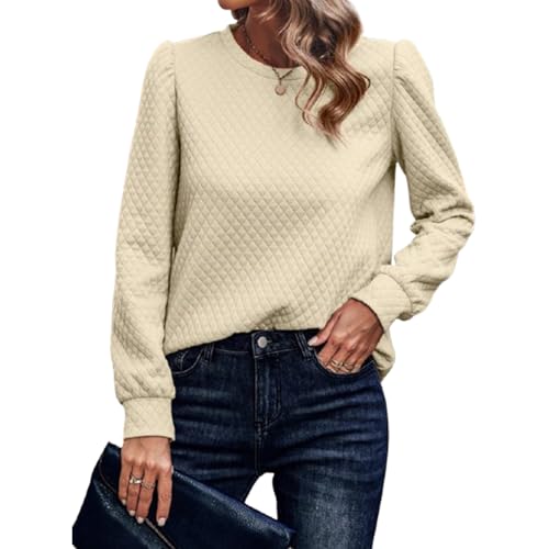 Herbstpullover mit gedrehter Textur, Puffärmel-Sweatshirt für Damen, Rundhalspullover mit Puffärmeln für Damen (Large,Apricot) von STTBRHF