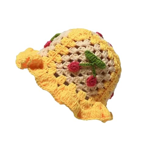 Kirsch-Anglerhut für Damen, gehäkelte Fischerhüte für Damen, Faltbarer gestrickter Boho-Hut (Yellow,One Size) von STTBRHF