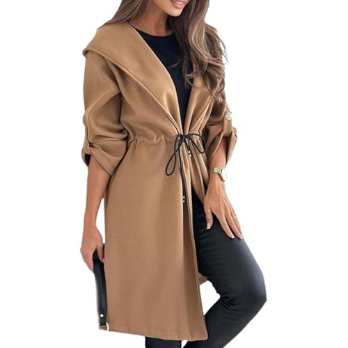 Lange Kapuzenjacke mit Bindegürtel für Damen, Damen-Trenchcoat mit Bindegürtel und Kapuze, Lange Jacke mit Kapuze (Large,Camel) von STTBRHF