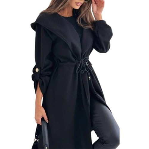 Lange Kapuzenjacke mit Bindegürtel für Damen, Damen-Trenchcoat mit Bindegürtel und Kapuze, Lange Jacke mit Kapuze (XX-Large,Black) von STTBRHF