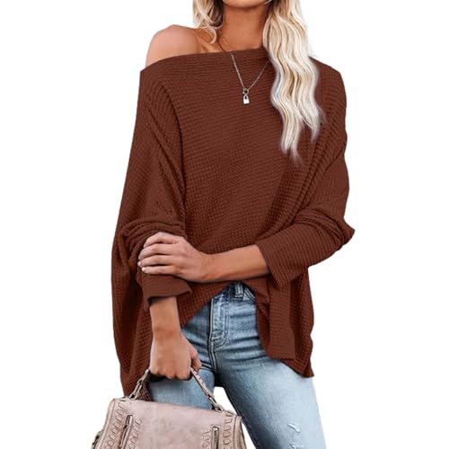 Leichte, ausgehöhlte Pullover mit Fledermausärmeln und Waffelstrick, schulterfreie Pullover für Damen, Langarmshirts (XX-Large,Brown) von STTBRHF