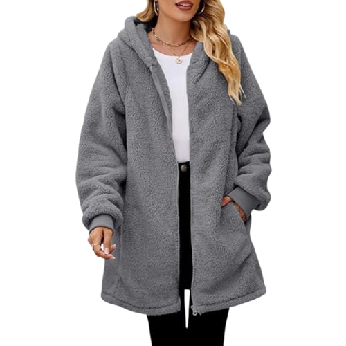 STTBRHF Damen-Fleecejacke mit Reißverschluss und Taschen, übergroße, lange Sherpa-Kapuzenjacke, flauschige Jacke mit Reißverschluss und Kapuze (Large,Gray) von STTBRHF