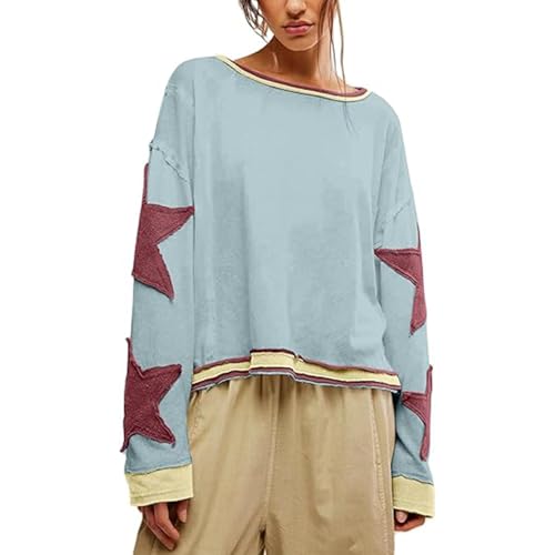 STTBRHF Damen Oversized Star Sweatshirts Y2k Langarm Rundhalsausschnitt Stern Vintage Ästhetischer Pullover Shirt von STTBRHF