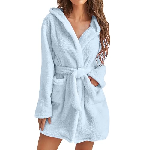 STTBRHF Langer Plüschbademantel für Damen mit Schnürung, mittellanger einfarbiger Plüschbademantel mit Taschen, knielanger Kapuzenbademantel (Medium,Light Blue) von STTBRHF