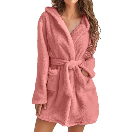 STTBRHF Langer Plüschbademantel für Damen mit Schnürung, mittellanger einfarbiger Plüschbademantel mit Taschen, knielanger Kapuzenbademantel (Medium,Pink) von STTBRHF