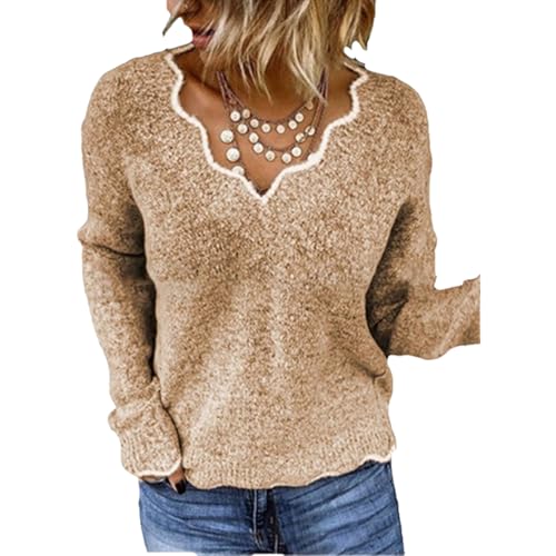 STTBRHF Weicher V-Ausschnitt-Pullover mit Rüschenspitze für Damen, Pullover mit Blumenmuster und Muschelsaum für Damen, langärmliger Strickpullover (XX-Large,Khaki) von STTBRHF