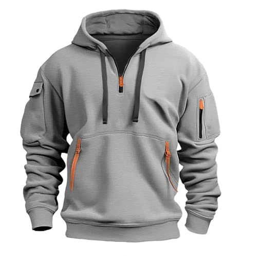 Taktischer Kapuzenpullover für Herren, Kapuzenpullover mit Viertelreißverschluss für Herren, Vintage-Sport-Kapuzenpullover mit Taschen (3X-Large,Light Gray) von STTBRHF