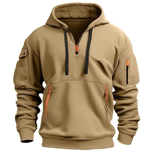 Taktischer Kapuzenpullover für Herren, Kapuzenpullover mit Viertelreißverschluss für Herren, Vintage-Sport-Kapuzenpullover mit Taschen (XX-Large,Khaki) von STTBRHF