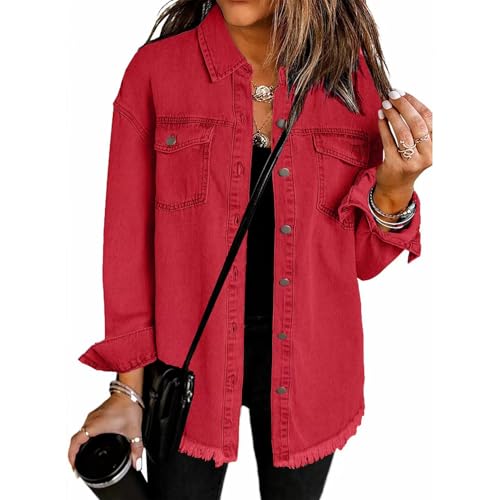 The Beauty North Jeansjacke, Damen Jeansjacke mit Langen, zerrissenen Kanten, Beauty North Jeansjacke (Small,Red) von STTBRHF