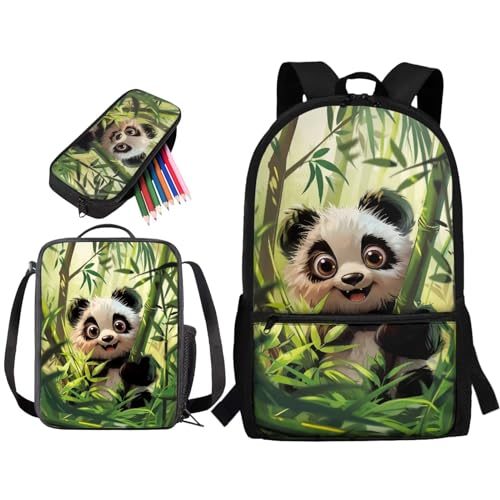 STUOARTE 3-teiliges Rucksack-Set mit Lunchbox und Federmäppchen für Studenten, 43,2 cm (17 Zoll) Schulrucksack-Set für Mädchen und Jungen, Panda - Grün und Weiß von STUOARTE
