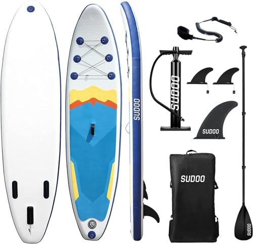 SUDOO Aufblasbare Stand Up Paddle Board 300x76x15cm Aufblasbares SUP Board für Stand-Up Paddling Mit Board, Verstellbare Paddel, Pumpe, Rucksack, Leine, 3 Finnen, Rutschfestes Deckpad, Reperaturset von SUDOO