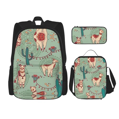 SUHNGE Merican Rucksack mit Hundekopf-Aufdruck, 3-in-1, Büchertaschen-Set, isolierte Lunchtasche, Schultasche, Federmäppchen, Lamas, Einheitsgröße von SUHNGE