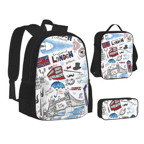 SUHNGE Rucksack mit Bier- und Krebsmuster, Schulbüchertaschen, 3-teiliges Set, Lunch-Tasche, Federmäppchen für Teenager, Mädchen, Jungen, london, Einheitsgröße von SUHNGE
