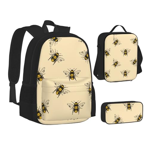 SUHNGE Rucksack mit Blättermotiv, 3-teiliges Set, Lunch-Tasche, Federmäppchen für Teenager, Mädchen, Jungen, Honigbiene, Einheitsgröße von SUHNGE