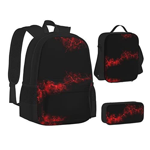 SUHNGE Rucksack mit Mini-Blumen-Wirbel-Druck, Schulbüchertaschen, 3-teiliges Set, Lunch-Tasche, Federmäppchen für Teenager, Mädchen, Jungen, Explosion Burst Rot Schwarz, Einheitsgröße von SUHNGE