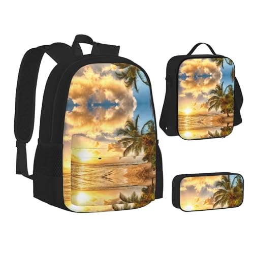 SUHNGE Rucksack mit Pflanzendruck, Schulbüchertaschen, 3-teiliges Set, Lunch-Tasche, Federmäppchen für Teenager, Mädchen, Jungen, Sonnenuntergang Hawaii Palme, Einheitsgröße von SUHNGE