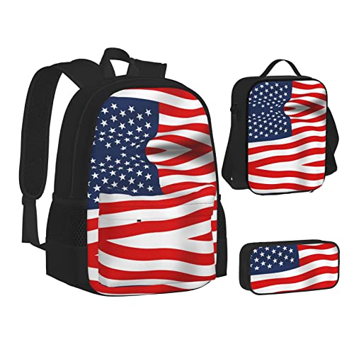SUHNGE Rucksack mit amerikanischer Flagge, patriotischer Druck, Schulbüchertaschen, 3-teiliges Set, Lunch-Tasche, Federmäppchen für Teenager, Mädchen, Jungen, Amerikanische Flagge Patriotisch, von SUHNGE