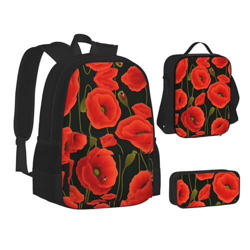 SUHNGE Rucksack mit rotem Wassermelonen-Druck, Schulbüchertaschen, 3-teiliges Set, Lunch-Tasche, Federmäppchen für Teenager, Mädchen, Jungen, Mohnblumen, Einheitsgröße von SUHNGE