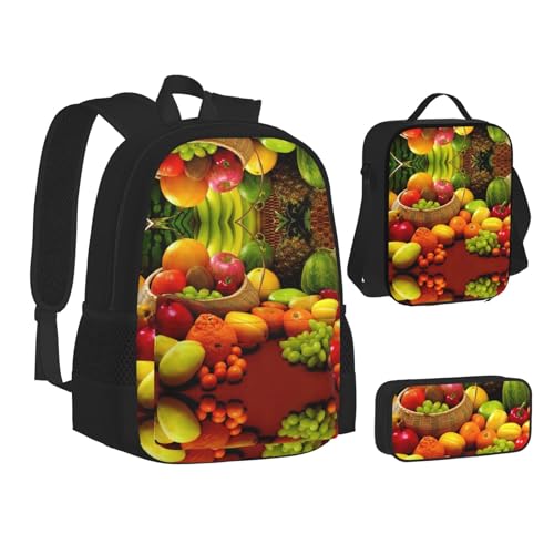 SUHNGE Schulrucksack, Schulbüchertaschen, 3-teiliges Set, Lunchtasche, Federmäppchen für Teenager, Mädchen, Jungen, Blau, Sorte frisches Gemüse und Früchte., Einheitsgröße von SUHNGE