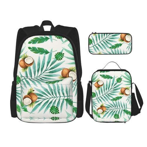 SUHNGE Schulrucksack-Set mit tropischem Flamingo, niedlicher Kaktus-Druck, 3-in-1-Büchertaschen-Set mit Lunchbox, Federmäppchen, Reise-Laptop-Tagesrucksäcke, Kokosbaum Sommer, Einheitsgröße von SUHNGE