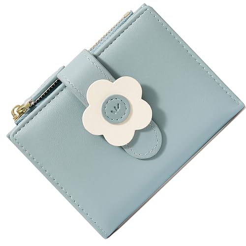 SUNAVY Kleines Portemonnaie Damen PU Leder Bifold Geldbörse Damen Klein und im Kurzformat Süße Portmonee Damen Viele Fächer Geldbeutel Damen Klein Geldtasche mit Reißverschluss Münzfach (Blau) von SUNAVY