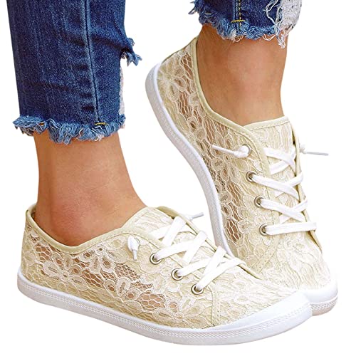 SUNNSEAN Sneaker Damen Leicht Flache Schuhe Atmungsaktive Stoffschuhe Elegante Frauen Schnürhalbschuhe Laufschuhe Sommer Herbst Outdoor Walkingschuhe Halbschuhe, U01 Beige, 42 EU von SUNNSEAN