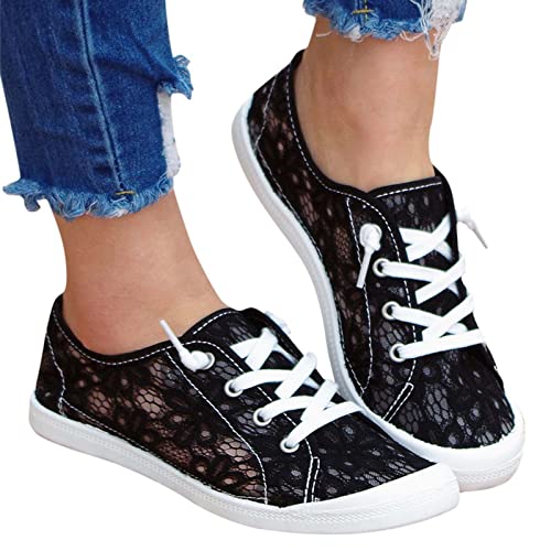 SUNNSEAN Sneaker Damen Leicht Flache Schuhe Atmungsaktive Stoffschuhe Elegante Frauen Schnürhalbschuhe Laufschuhe Sommer Herbst Outdoor Walkingschuhe Halbschuhe, U01 Schwarz, 41 EU von SUNNSEAN