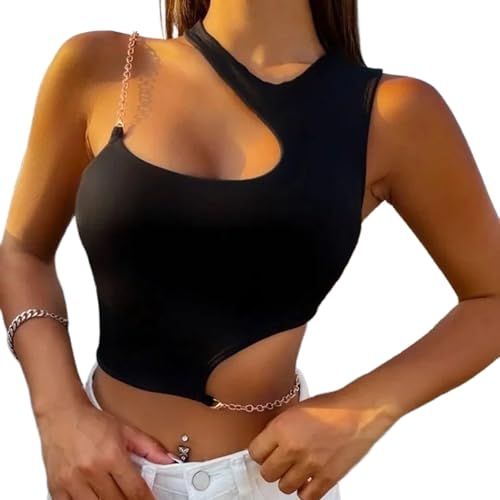 SUSHRUTA Chain Cut Out Rib Knit Crop Top Women Summer Y2K High Street Grunge Asymmetrical Neck Sleeveless Tank Top,Black,S von SUSHRUTA