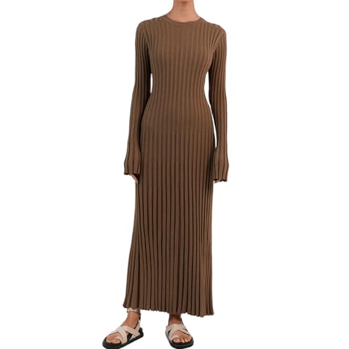 SUSHRUTA Damen Herbst Winter Pulloverkleid Mit Rundhalsausschnitt, Ausgestelltes Langarm-Rippstrick, Figurbetontes Basic-Kleid, Schmale Passform, Maxikleid,braun,S von SUSHRUTA