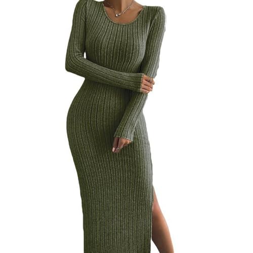 SUSHRUTA Enges Und Sexy Gestricktes Mittellanges Kleid Für Damen Im Frühling Und Herbst,Armeegrün,L von SUSHRUTA