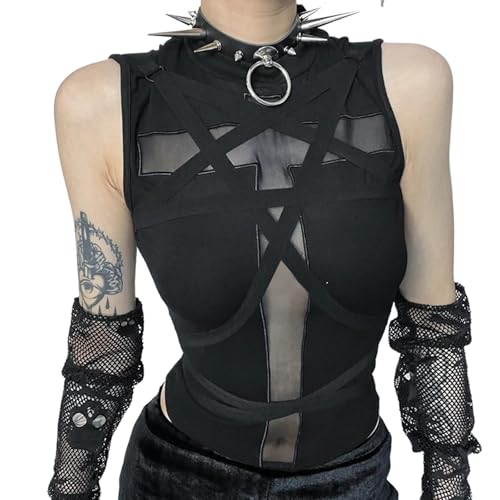 SUSHRUTA Goth Cross Mesh See Through Tank Tops Y2K Vintage Bandage Sleeveless Crop Top for Women Summer Streetwear Camis,Black,S von SUSHRUTA