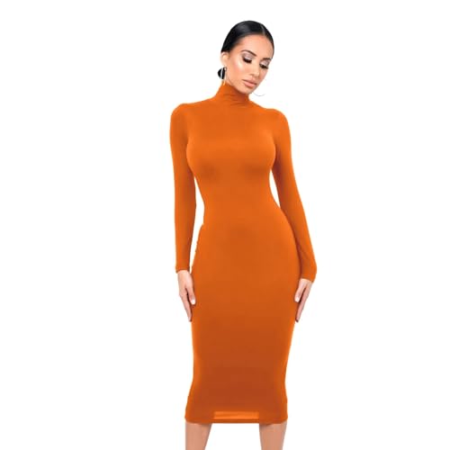 SUSHRUTA Herbst Winter Damen Hochgeschlossenen Langarm Kleid Schlank Pullover Strick Unten Rock Sexy Streetwear Party Elegante Club,ORANGE,M von SUSHRUTA